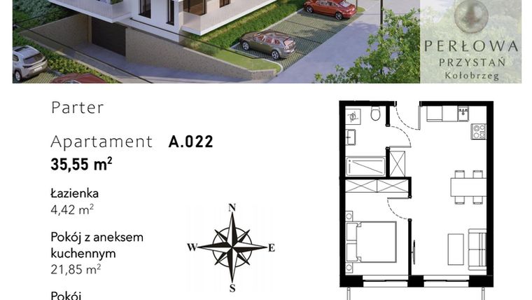 Rzut - Mieszkanie na sprzedaż 2 pokoje o powierzchni 35,55 m² - numer A.022 w Perłowa Przystań - Kołobrzeg - etap II