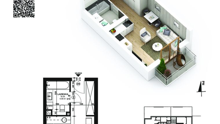 Rzut - Mieszkanie na sprzedaż 1 pokój o powierzchni 25,66 m² - numer 1 w Piano Park etap VI