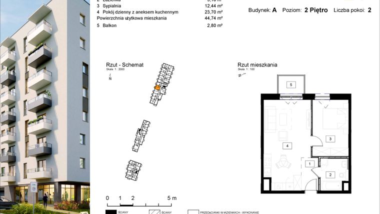 Rzut - Mieszkanie na sprzedaż 2 pokoje o powierzchni 44,74 m² - numer A.24 w Osiedle Kochanowskiego - Gliwice