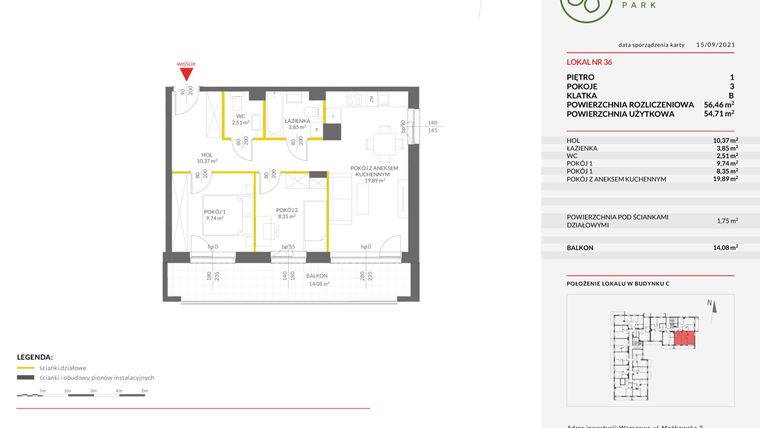 Rzut - Mieszkanie na sprzedaż 3 pokoje o powierzchni 56,46 m² - numer 36C w Olchowy Park IV