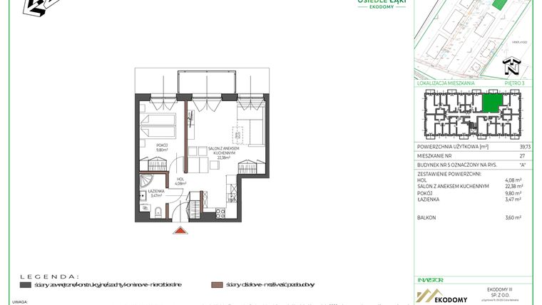 Rzut - Mieszkanie na sprzedaż 2 pokoje o powierzchni 39,89 m² - numer 27 w Osiedle Polna bud. 5