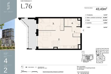 Rzut - Mieszkanie na sprzedaż 2 pokoje o powierzchni 43,43 m² - numer L76 w Sky Trust etap II - apartamenty inwestycyjne 23% VAT PRS