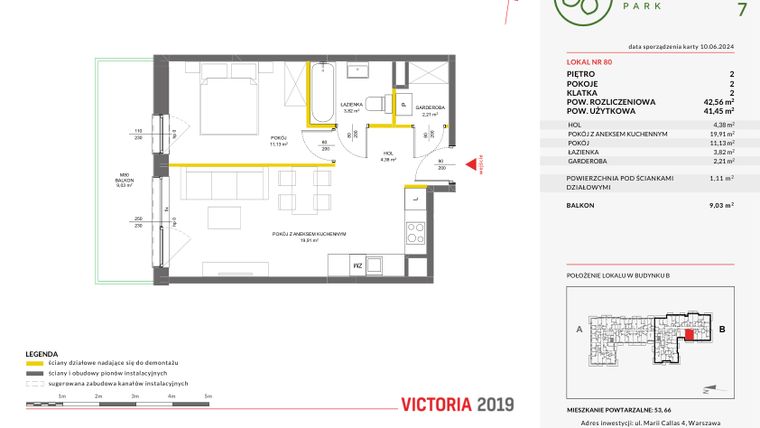 Rzut - Mieszkanie na sprzedaż 2 pokoje o powierzchni 42,56 m² - numer 80 w Olchowy Park VII