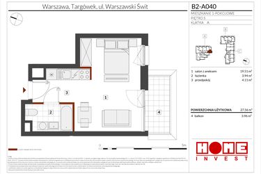 Rzut - Mieszkanie na sprzedaż 1 pokój o powierzchni 27,56 m² - numer B2-A040 w Warszawski Świt etap IX