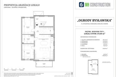 Rzut - Mieszkanie na sprzedaż 3 pokoje o powierzchni 69 m² - numer 20.1.1 w Ogrody Bysławska
