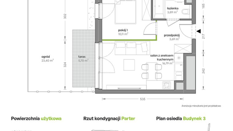 Rzut - Mieszkanie na sprzedaż 2 pokoje o powierzchni 34,48 m² - numer B3/B/04 w Ceglana Park