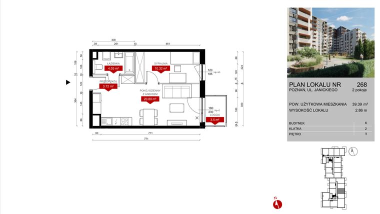 Rzut - Mieszkanie na sprzedaż 2 pokoje o powierzchni 39,39 m² - numer K.268 w Wieża Jeżyce etap V