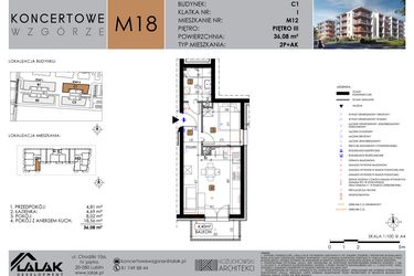 Rzut - Mieszkanie na sprzedaż 2 pokoje o powierzchni 36,08 m² - numer C1_M18 w Koncertowe Wzgórze etap II