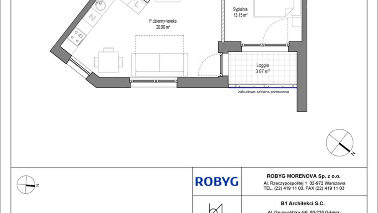 Rzut - Mieszkanie na sprzedaż 2 pokoje o powierzchni 41,7 m² - numer B.1M05 w Leszczyńskich 2
