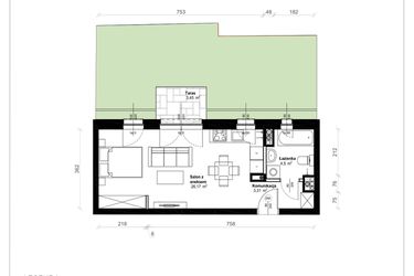 Rzut - Mieszkanie na sprzedaż 1 pokój o powierzchni 33,98 m² - numer B.0.05.1k w ATRIUM
