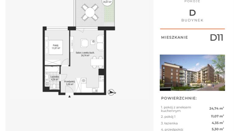 Rzut - Mieszkanie na sprzedaż 2 pokoje o powierzchni 45,46 m² - numer D11 w Na Koszutce II