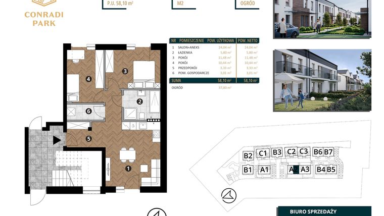 Rzut - Mieszkanie na sprzedaż 3 pokoje o powierzchni 58,1 m² - numer A2.M2 w Conradi Park etap II i III