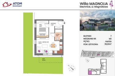 Rzut - Mieszkanie na sprzedaż 2 pokoje o powierzchni 39,22 m² - numer Bud.7-3 w Willa Magnolia