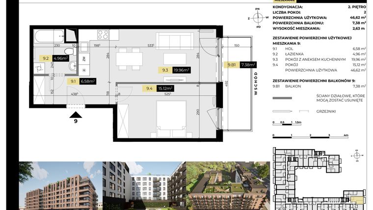 Rzut - Mieszkanie na sprzedaż 2 pokoje o powierzchni 46,62 m² - numer M/09 w Tarasy Śląskie
