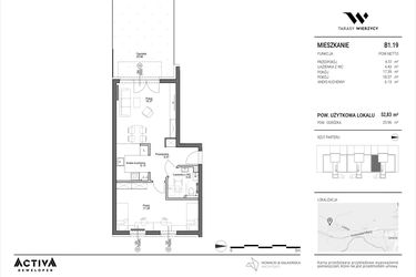 Rzut - Mieszkanie na sprzedaż 2 pokoje o powierzchni 52,83 m² - numer B1.19 w Tarasy Wierzycy