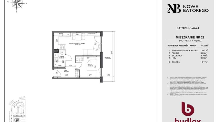 Rzut - Mieszkanie na sprzedaż 2 pokoje o powierzchni 37,23 m² - numer A22 w Nowe Batorego 2