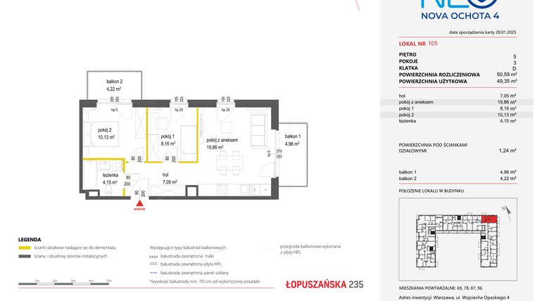 Rzut - Mieszkanie na sprzedaż 3 pokoje o powierzchni 50,59 m² - numer 105 w Neo Nova Ochota 4