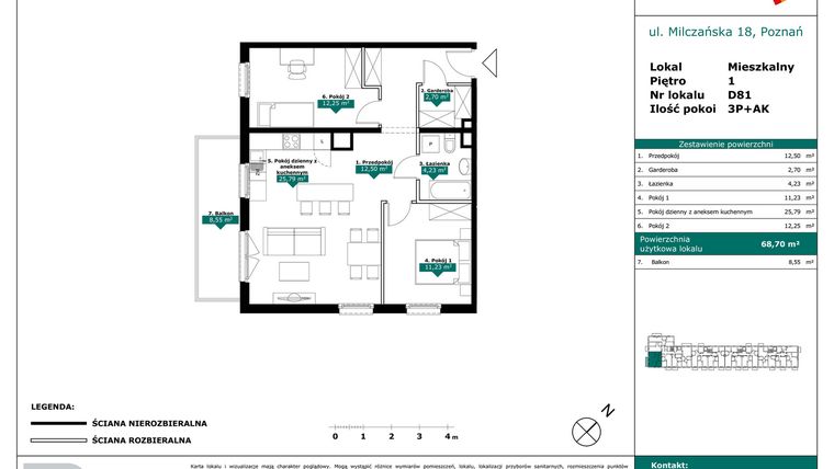Rzut - Mieszkanie na sprzedaż 3 pokoje o powierzchni 68,7 m² - numer D81 w Milczańska 18