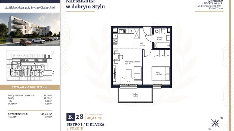 Rzut - Mieszkanie na sprzedaż 2 pokoje o powierzchni 40,41 m² - numer B28 w Mickiewicza