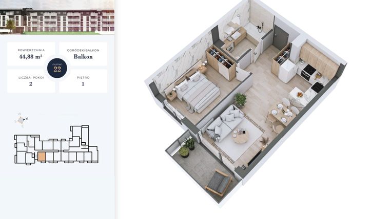 Rzut - Mieszkanie na sprzedaż 2 pokoje o powierzchni 44,88 m² - numer 22 w Apartamenty Home Premium etap 2