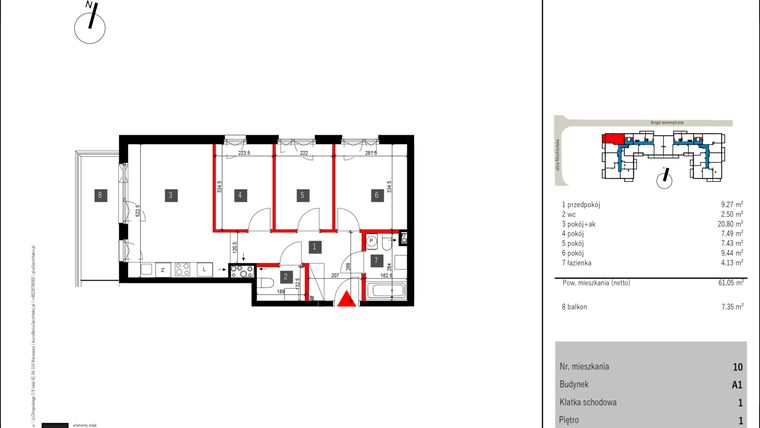 Rzut - Mieszkanie na sprzedaż 4 pokoje o powierzchni 60,25 m² - numer 10 w Mochtyńska 56