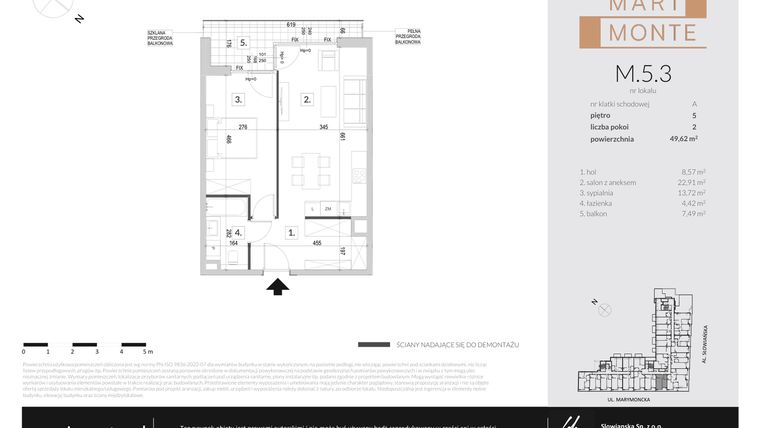 Rzut - Mieszkanie na sprzedaż 2 pokoje o powierzchni 49,62 m² - numer M.5.3 w Marimonte