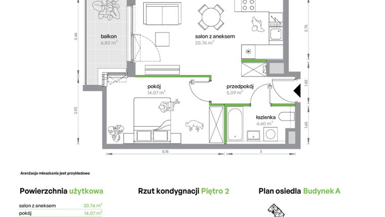 Rzut - Mieszkanie na sprzedaż 2 pokoje o powierzchni 44,52 m² - numer AB0205/4 w M Bemowo