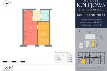 Rzut - Mieszkanie na sprzedaż 2 pokoje o powierzchni 41,62 m² - numer A.11 w Osiedle Kolejowa