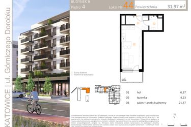 Rzut - Mieszkanie na sprzedaż 1 pokój o powierzchni 31,97 m² - numer B_44 w Zielony Nikiszowiec