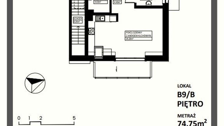 Rzut - Mieszkanie na sprzedaż 3 pokoje o powierzchni 74,75 m² - numer B9/B w Osiedle Lente Zacharzyce