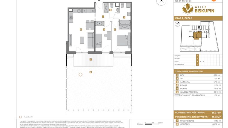 Rzut - Mieszkanie na sprzedaż 3 pokoje o powierzchni 58,33 m² - numer X/2 w Wille Biskupin Etap 2.2