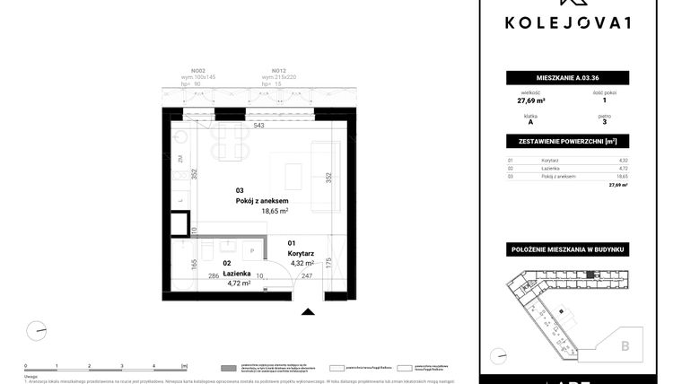 Rzut - Mieszkanie na sprzedaż 1 pokój o powierzchni 27,69 m² - numer A-03-36 w Kolejova 1