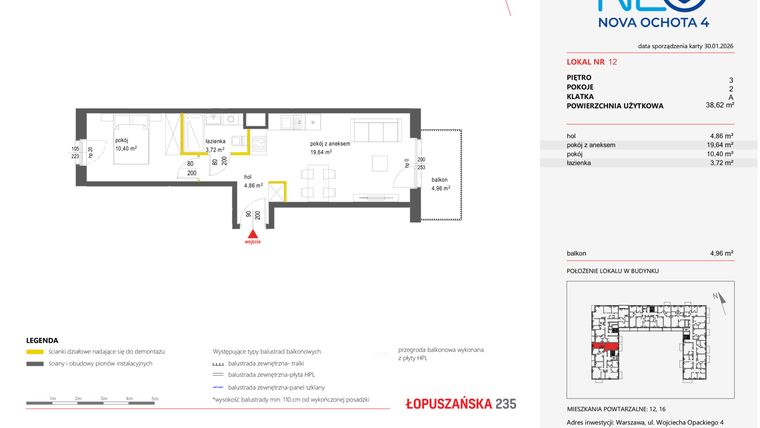 Rzut - Mieszkanie na sprzedaż 2 pokoje o powierzchni 38,62 m² - numer 12 w Neo Nova Ochota 4