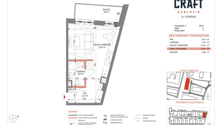 Rzut - Mieszkanie na sprzedaż 1 pokój o powierzchni 31,61 m² - numer A1.M.81 w Craft Zabłocie
