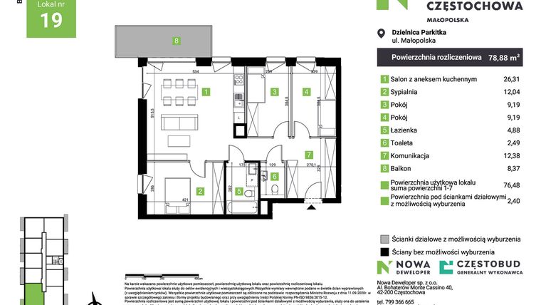 Rzut - Mieszkanie na sprzedaż 4 pokoje o powierzchni 78,88 m² - numer D19 w Nowa Częstochowa Małopolska etap II