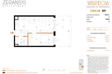 Rzut - Mieszkanie na sprzedaż 2 pokoje o powierzchni 43,02 m² - numer B09 w Werandowa