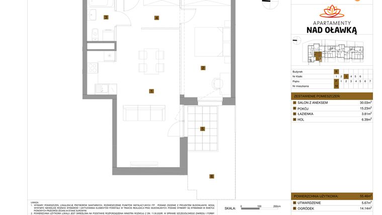 Rzut - Mieszkanie na sprzedaż 2 pokoje o powierzchni 55,46 m² - numer 58 w Apartamenty nad Oławką etap II