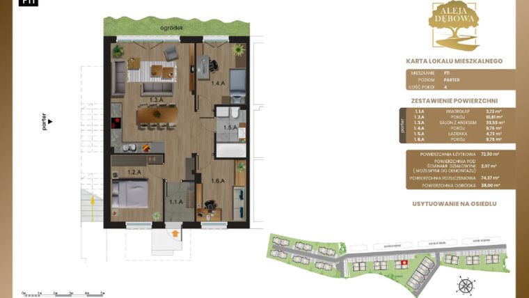 Rzut - Mieszkanie na sprzedaż 4 pokoje o powierzchni 74,37 m² - numer F11 w Aleja Dębowa III - mieszkania