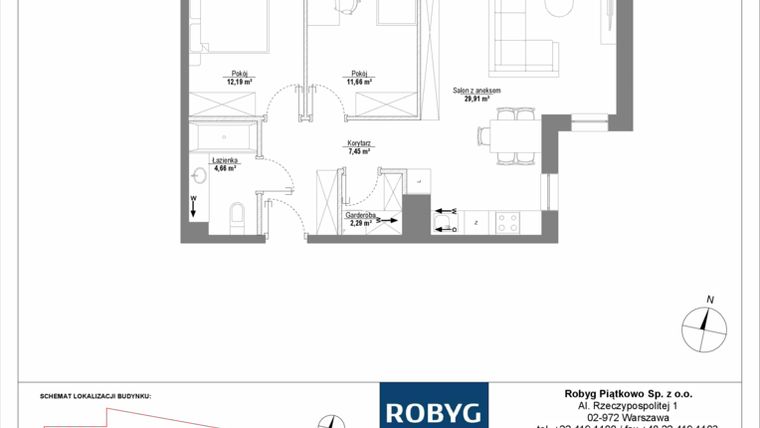 Rzut - Mieszkanie na sprzedaż 3 pokoje o powierzchni 68,16 m² - numer H2_2M03 w Piątkowo Residence etap II
