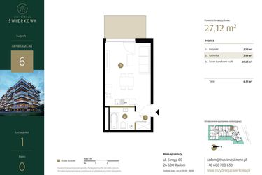 Rzut - Mieszkanie na sprzedaż 1 pokój o powierzchni 27,12 m² - numer 6 w Rezydencja Świerkowa