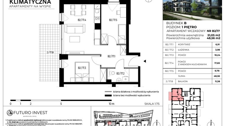 Rzut - Mieszkanie na sprzedaż 3 pokoje o powierzchni 48,93 m² - numer B2/17 w Apartamenty Klimatyczna