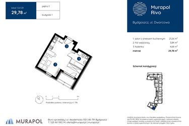 Rzut - Mieszkanie na sprzedaż 1 pokój o powierzchni 29,78 m² - numer 1.A.1.01 w Murapol Rivo