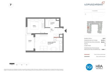 Rzut - Mieszkanie na sprzedaż 2 pokoje o powierzchni 38,43 m² - numer H.3.7 w Łopuszańska 47 - etap 3