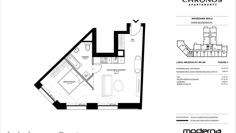 Rzut - Mieszkanie na sprzedaż 2 pokoje o powierzchni 44,13 m² - numer 320 w Chronos etap II