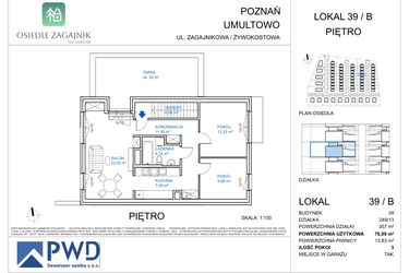 Rzut - Mieszkanie na sprzedaż 3 pokoje o powierzchni 76,09 m² - numer 39B w Osiedle Zagajnik - etap I
