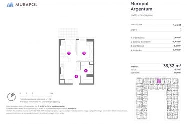 Rzut - Mieszkanie na sprzedaż 1 pokój o powierzchni 33,32 m² - numer 1.C.0.03 w Murapol Argentum