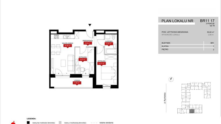 Rzut - Mieszkanie na sprzedaż 3 pokoje o powierzchni 49,85 m² - numer BR11/17 w Browary Wrocławskie 2