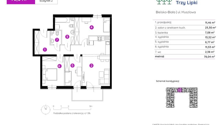 Rzut - Mieszkanie na sprzedaż 4 pokoje o powierzchni 78,45 m² - numer 2.A.2.08 w Murapol Trzy Lipki etap II