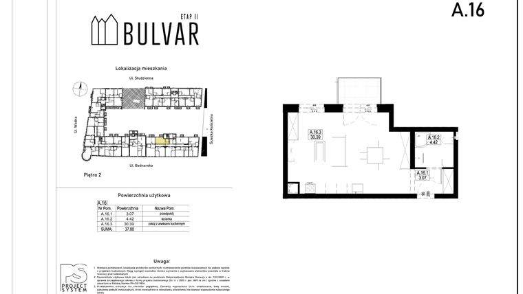 Rzut - Mieszkanie na sprzedaż 1 pokój o powierzchni 37,88 m² - numer A16 w Bulvar etap II