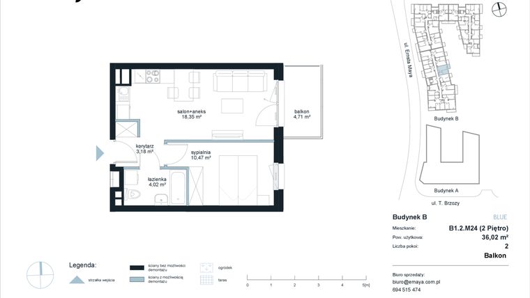 Rzut - Mieszkanie na sprzedaż 2 pokoje o powierzchni 36,02 m² - numer B1.2.M24 w EMaya